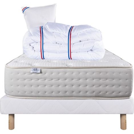 Ensemble Matelas Purlux, 26 cm, mousses haute densité, ferme, face été/hiver + sommier blanc ep 13cm + oreiller + couette, 90x190cm (1/5)