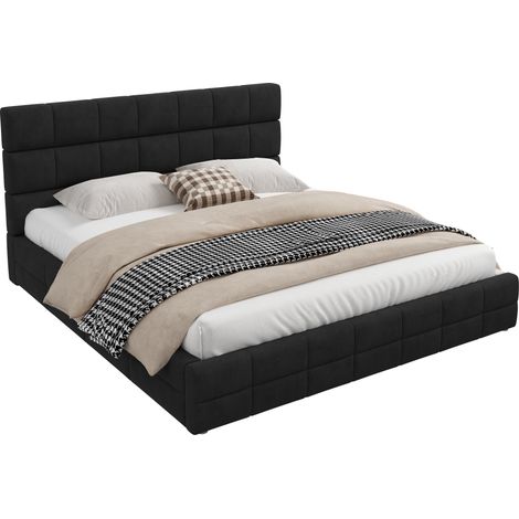 CHICFURN Cama plataforma tapizada 180x200 cm, terciopelo negro, cabecero, sin colchón (1/5)