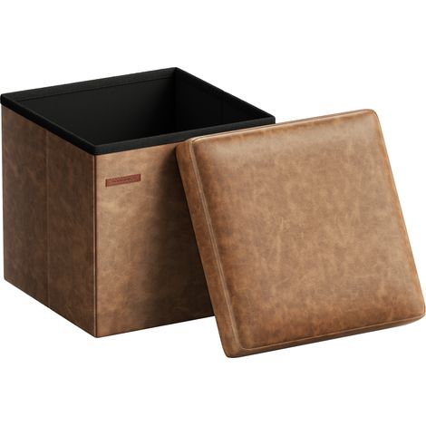 Pouf de 38 cm, Banc de Rangement Pliable avec Couvercle, Repose-Pieds Cube, Surface en PU, Capacité de Charge de 300 kg, pour Entrée, Salon, Chambre à Coucher, Marron Café (1/5)