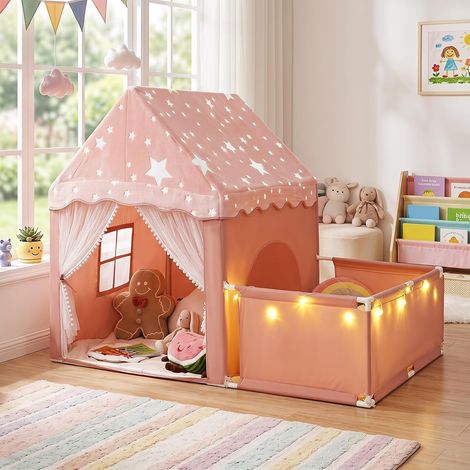 COSTWAY Tente Enfant Intérieur avec Parc & Lumières Étoilées (Rose) (1/5)