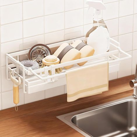 Organizador de fregadero con toallero, no requiere taladrar, bandeja de drenaje y toallero extraíbles, 2 ganchos, acero al carbono, para vajilla y utensilios de cocina.