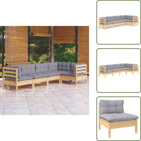 The Living Store Salon de jardin 5 pcs avec coussins gris bois de pin - Ensemble Salon De Jardin - Salon De Jardin Bois - Mobilier De Jardin - Meubles De Terrasse - Set Salon De Jardin (1/5)