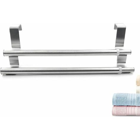Porte-serviettes double couche en acier inoxydable pour portes et armoires, porte-torchons double couche, aucun perçage requis 25-40 x 8 x 9 cm (1/4)
