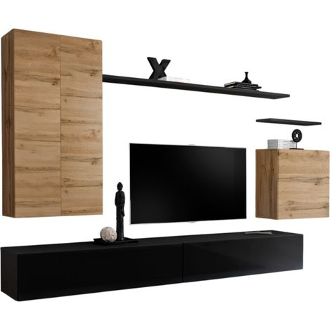 Conjunto de muebles de salón colección SWITCH II diseño, colores roble y negro brillante.