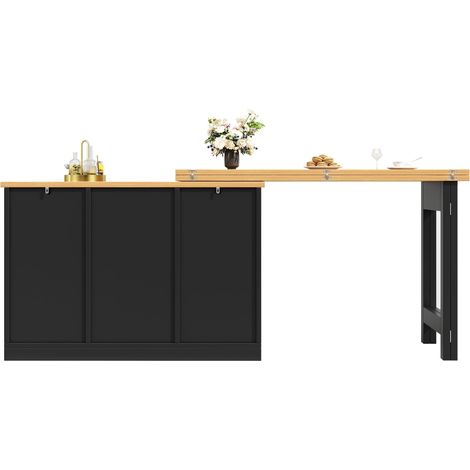 Mesa de Comedor Extensible con Almacenaje, Estantes Ajustables y Botellero, en MDF, Negro o Natural (1/5)