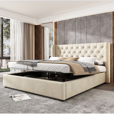 Cama matrimonio con almacenaje terciopelo beige DESVIAE (1/5)