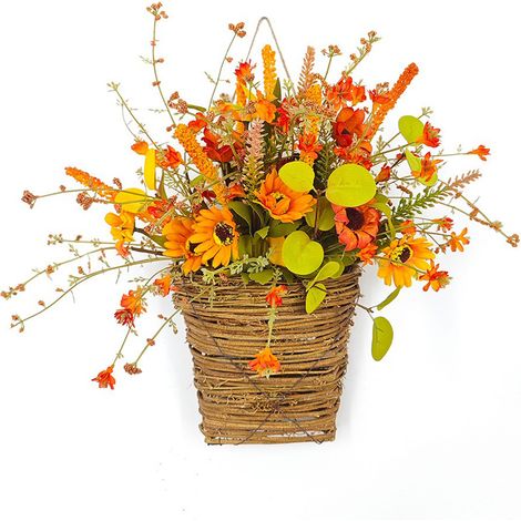 Panier couronne pour porte d'entrée automne 35 cm rotin soie plastique orange, déco suspendue avec feuilles d'érable épis de riz tournesols pour extérieur 1 pièce (1/3)