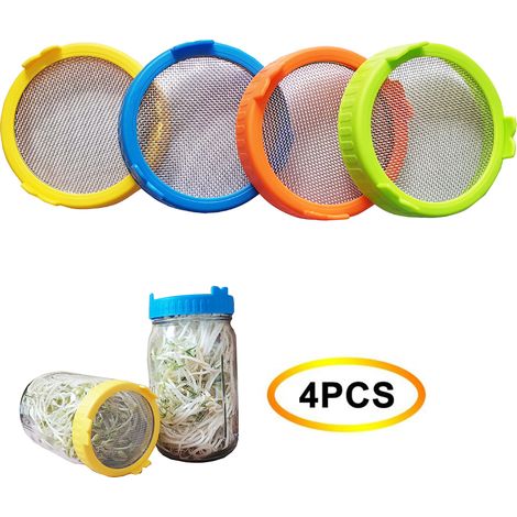 Lot de 4 couvercles germoirs en plastique avec grille en acier inoxydable pour bocaux à large ouverture (86 mm) et support inclus. (1/5)