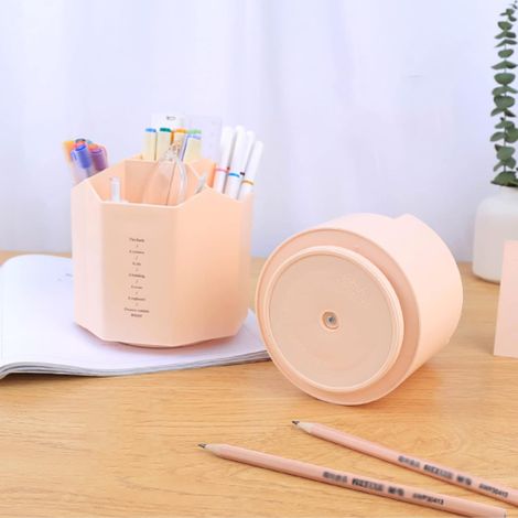 Porte-stylo hexagonal 5 compartiments, Rotatif Multifonctionnel Porte-stylo, Boîte porte-stylo de papeterie, Postuler à fournitures de bureau, papeterie, stylos(Rose)