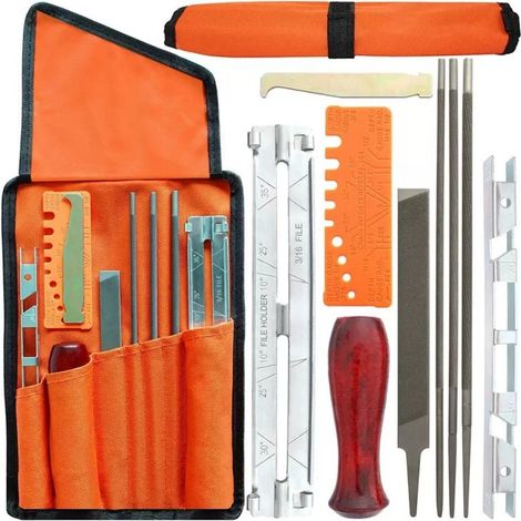 Kit d’affûtage pour chaîne de tronçonneuse, 10 pièces, outil d’affûtage lime pour chaîne de scie à chaîne avec sac de rangement (1/5)