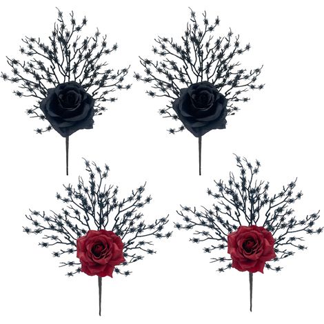 4 künstliche Spinnenrosen, gruselige Rosenstiele für Vasen, Blumenarrangements, Tischdekorationen, Schwarz und Rot (1/2)