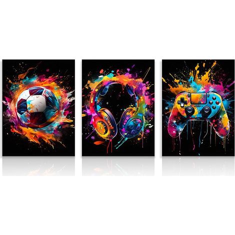 Ensemble de 3 Œuvres Murales Graffiti pour Chambre de Garçon Football, Casques et Manettes Colorés, Images pour la Décoration de Chambre d'Adolescent 30x40 cm Sans Cadre (1/5)