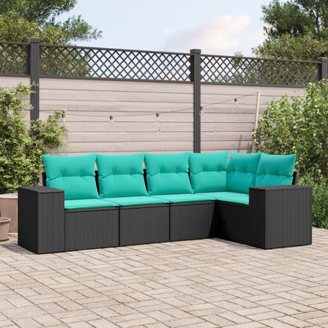5-teiliges Gartensofa-Set mit Kissen, schwarzes Polyrattan (1/5)