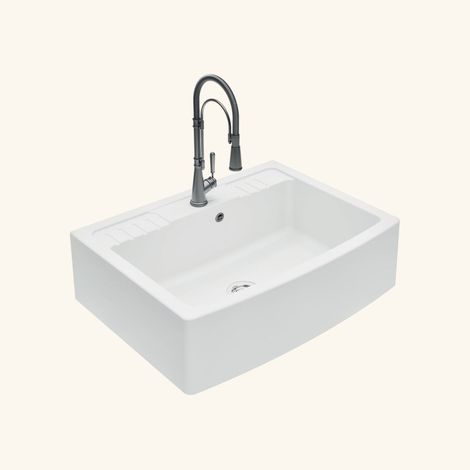 Évier timbre d'office granit blanc grisé 89x66 cm – Bac à laver 1 bac – Pose à poser sans égouttoir – Bonde et siphon inclus – Chambord