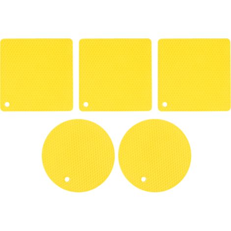 Lot de 5 dessous de plat en silicone nid d'abeille, 2 ronds + 3 carrés, jaune, protection pour tables et plats chauds (1/5)