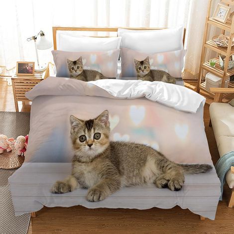 3D Katzen Bettwäsche Set Mikrofaser mit Reißverschluss, 2 Kissenbezüge