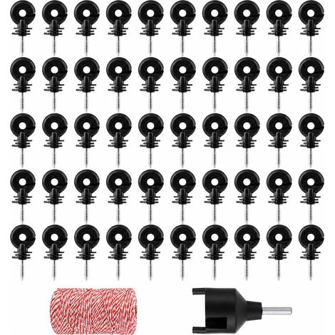 Kit complet isolateurs de clôture de pâturage, 50 isolateurs à vis noirs 90 x 35 mm avec fil de clôture électrique de 200 m de 2 mm, fil conducteur rouge et blanc pour poteaux, jardin (1/5)