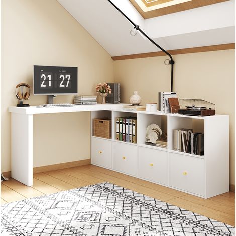 Scrivania angolare girevole 360°, MDF bianco, 4 cassetti, 4 scomparti DESVIAE (1/5)