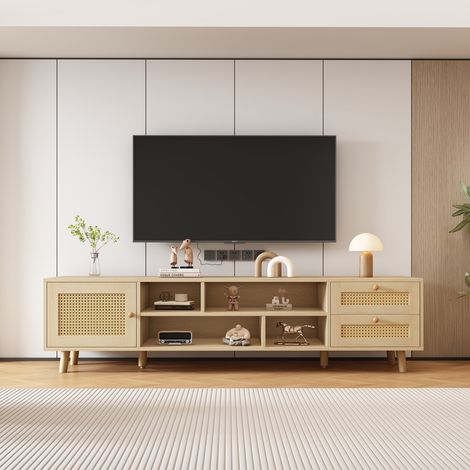 Meuble TV 160x39x40.5 cm, meuble de salon bas avec portes en rotin pour TV jusqu'à 70 pouces, 2 tiroirs et 1 porte en bois avec passe-câbles, Chêne (1/5)
