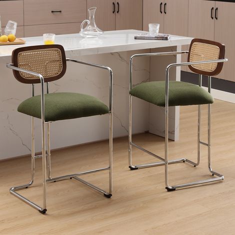 Wahson Tabourets de Bar Moderne en Lin, Chaise de Bar Lot de 2 Chaise Haute Cuisine Pied Métal Chaise de Bar avec Dossier Rotin, Vert