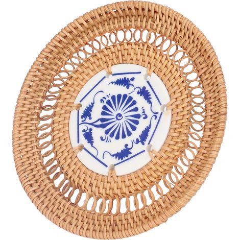 Sous-verre rond en porcelaine bleue et blanche, tissé en rotin, porte-tasse pour tasses Basil et tasses en rotin, 13 cm / 5,1 pouces (1/5)