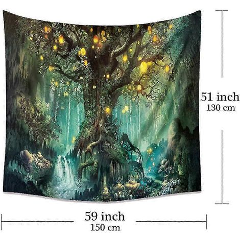 Tapisserie murale Arbre de Vie, Tapisserie psychédélique Cascades sous un arbre ancien, Tapisserie murale féerique, Décoration murale, Couverture pour chambre (1/5)
