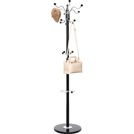 Porte-manteau en métal - 170 cm - Avec 16 crochets - Pour chapeau, veste, arbre, manteau - Blanc et noir (noir) (1/5)
