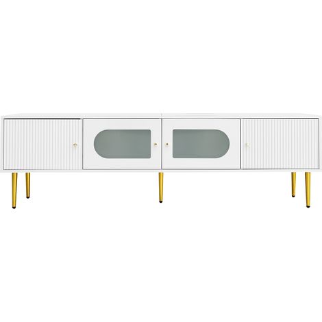 Mueble TV blanco 170 x 35 x 50 cm de aglomerado, 4 puertas y cristal arqueado (1/5)