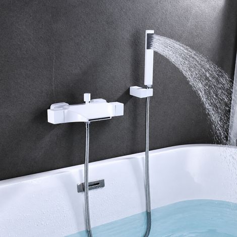 Mitigeur de baignoire cascade mural en laiton avec douchette ensemble bec plat blanc 4 kg – Livraison gratuite