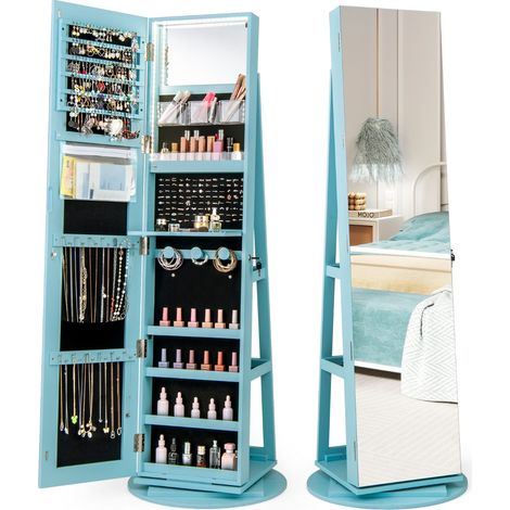Armadio portagioielli girevole con specchio a figura intera luci LED, Organizer da terra di gioielli Blu (1/4)