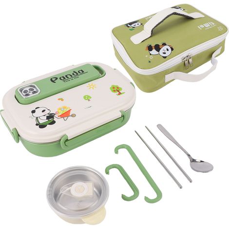 Boîte à lunch isotherme en acier inoxydable 316, capacité 1550 ml, 4 compartiments, avec bol à soupe, baguettes, cuillère et sac de rangement, verte. (1/5)