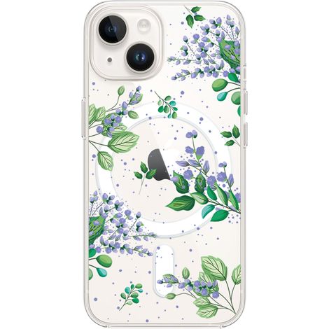 Custodia per iPhone 13 Mini con MagSafe, trasparente, flessibile in silicone, fiori viola (1/5)