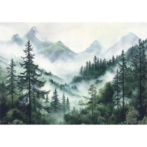 Papier peint panoramique forêt brume arbres montagnes intissé 400x280 cm mural salon chambre grand format (1/5)