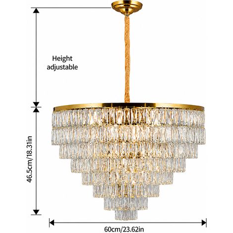Lustre suspension cascade doré 60 cm en cristal, luminaire design luxe E14 x11 réglable pour salon salle à manger chambre