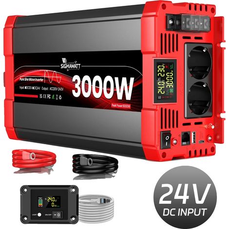 Inversor de potencia, potencia nominal de 3000 W, pantalla LCD, 24 V 3000 W (6000 W de pico) (1/2)