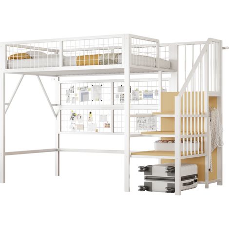 Hochbett Einzelbett mit Stauraumtreppe, offenem Kleiderschrank und LED, 90 × 200 cm, ohne Matratze (1/5)