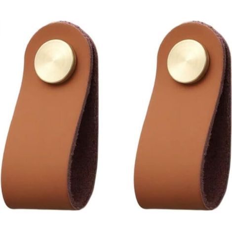 [JAMAIS UTILISÉ] Ensemble de 2 poignées de porte d'armoire en laiton et cuir marron de 65 mm de longueur avec vis pour armoires (1/4)