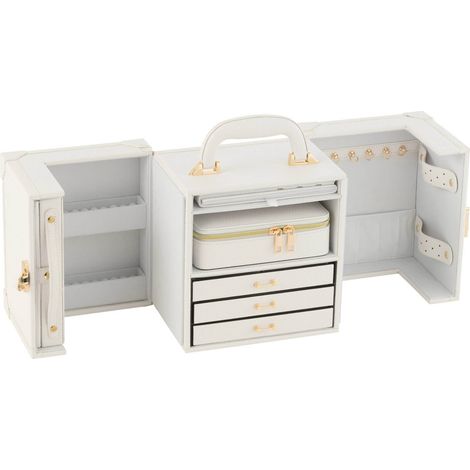 Coffret bijoux blanc élégant en bois avec anse cuir raffinée - Blanc ivoire et détails dorés (1/2)