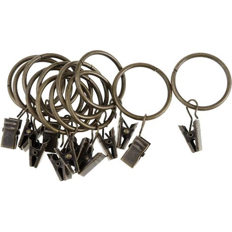 12 Anneaux de rideau, métal bronze vintage 32mm, avec pinces intégrées, pour tringles standard
