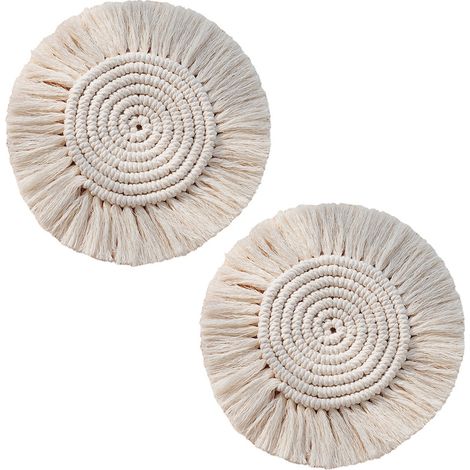 Dessous de verre en corde de coton faits main, lot de 2, sets de table à pompons en macramé, résistants à la chaleur, protège-table (1/5)