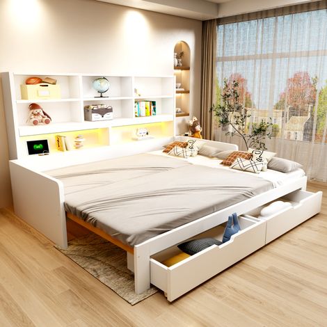 MODFU – Letto a panca estensibile 90-180x200 cm in MDF con LED, prese, 2 cassetti e vani contenitore, carico 120 kg – Bianco (1/5)