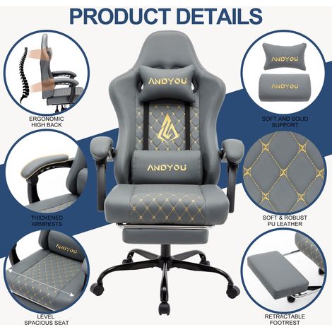 Fauteuil gaming ergonomique ANDYOU en cuir PU style racing - Confortable et réglable, gris (1/5)