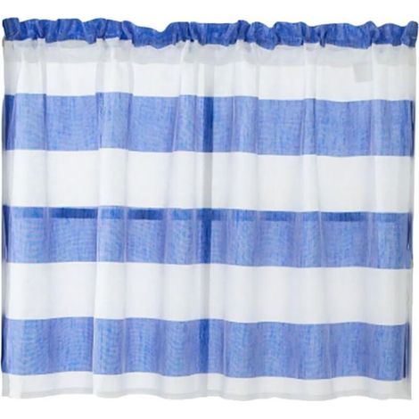 Rideau de salle de bain demi-longueur bleu 74 x 60 cm, panneau rayé avec poche pour tringle et finition cantonnière (1/5)