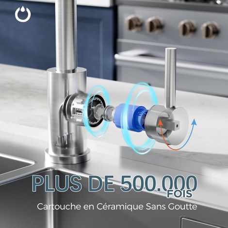 Mitigeur Cuisine en Acier Inoxydable Brosse Robinet Évier Rotatif à 360 Degrés avec Cartouche en Céramique et Tuyau PEX Sans Plomb pour Cuisine