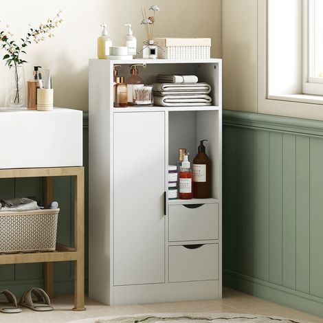 Meuble de salle de bain. meuble de rangement étroit avec 2 tiroirs. compartiments ouverts. 50x25x100cm. blanc