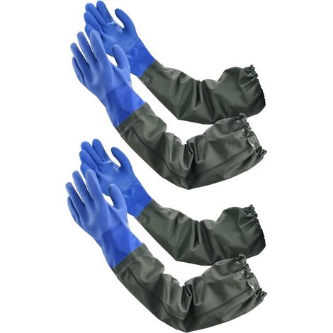 Lot de 2 gants imperméables longs – 70 cm – Bleus – Réutilisables – Résistants huile, acides, alcalis – Doublure coton (1/5)