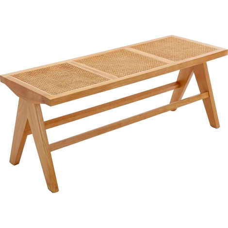 Dining Bench in Rattan Wood Rustic Ottoman Bench Seat Bench Footstool for Kitchen Living Room Entryway, Natural Wood, Wahson