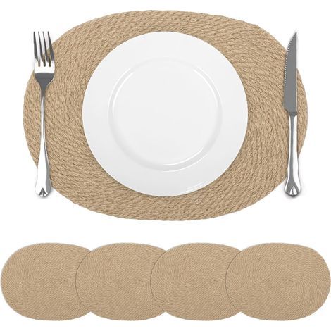 Lot de 4 Sets de Table Naturelle Ovale Tressé, Dessous Table Antidérapants en Paille de Lin Tissé, Dessous Assiette Résistant à la Chaleur pour Cuisine et Salle à Manger Décoration 30x40 cm (1/5)