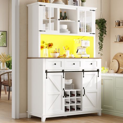 Meuble de Cuisine Haut, Buffet et Vaisselier avec Éclairage LED, Portes Vitrées, 3 Tiroirs, Étagères Réglables et Rangement pour Bouteilles, Meuble Multifonction Blanc, 105 x 38,4 x 180 cm (1/5)