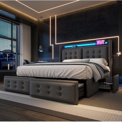DESVIAE Lit double 160 x 200 avec tête de lit LED USB C rangement 4 tiroirs étagères poches latérales sommier à lattes bois métal gris coton lin (1/5)